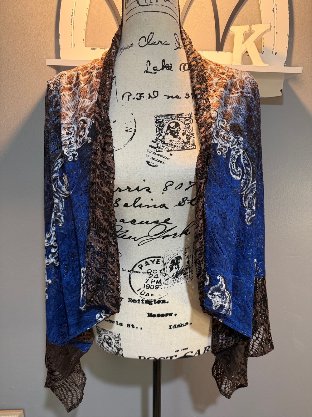 ALBERTO MAKALI BLUE/BROWN DRAPED OPEN FRONT CARDIGAN SZ XL